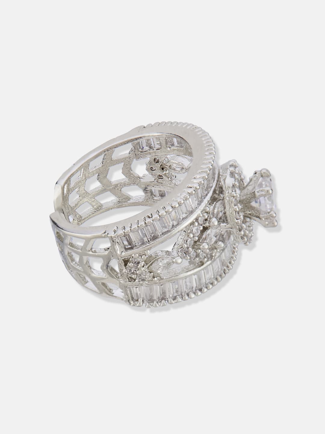 ATIBELLE Silver Plated Cubic Zirconia Stone Studded Floral-shaped Dazzling Ring