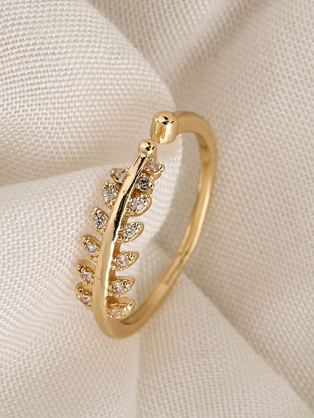 ATIBELLE Gold Plated Cubic Zirconia Studded Leaf-Shaped Dazzling Ring