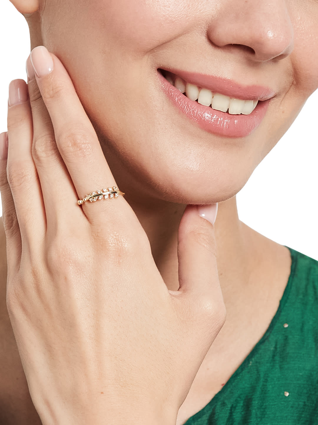 ATIBELLE Gold Plated Cubic Zirconia Studded Leaf-Shaped Dazzling Ring