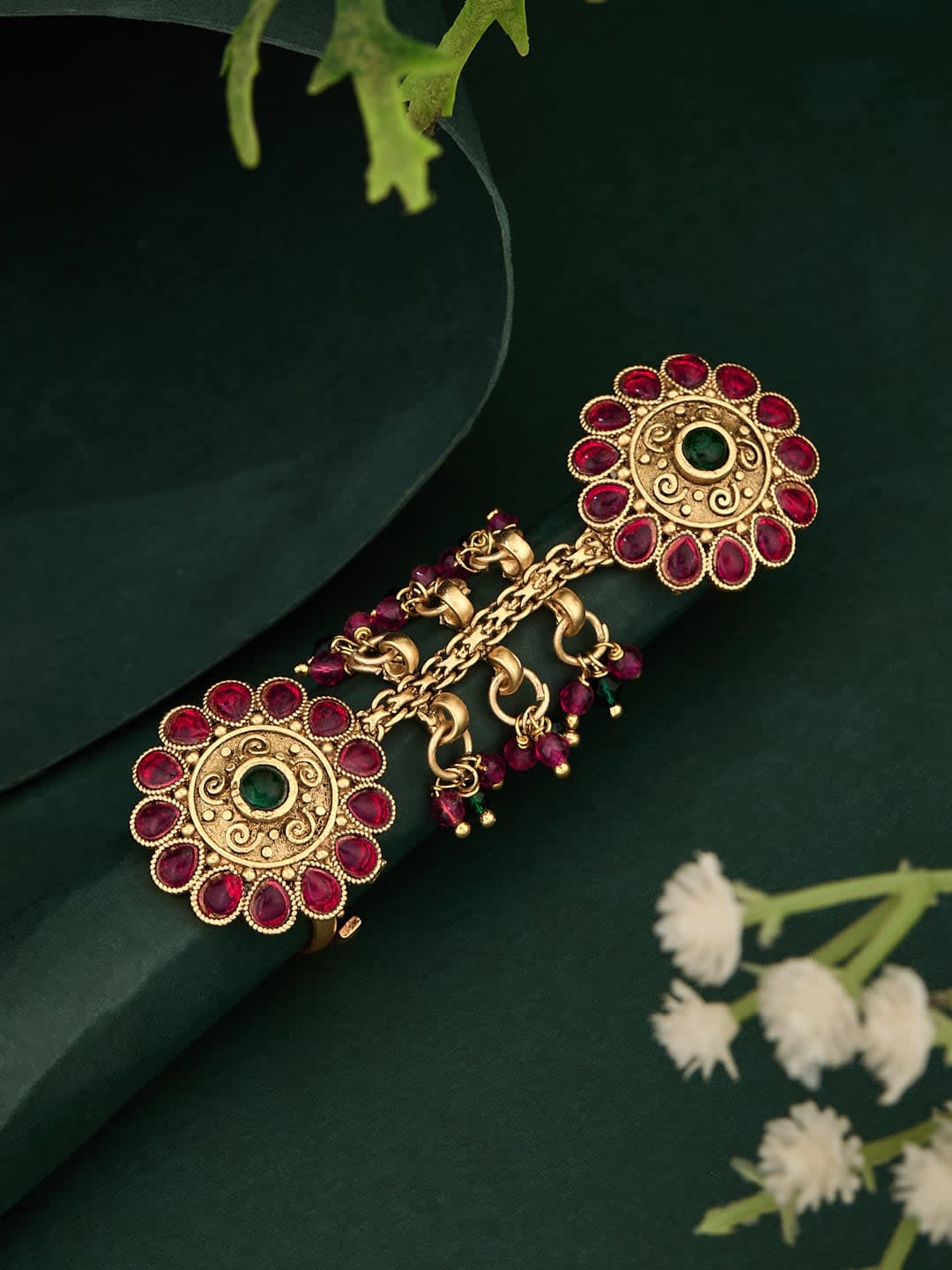 ATIBELLE Gold Plated Artificial Stone Studded And Beaded Floral Shaped Finger Ring