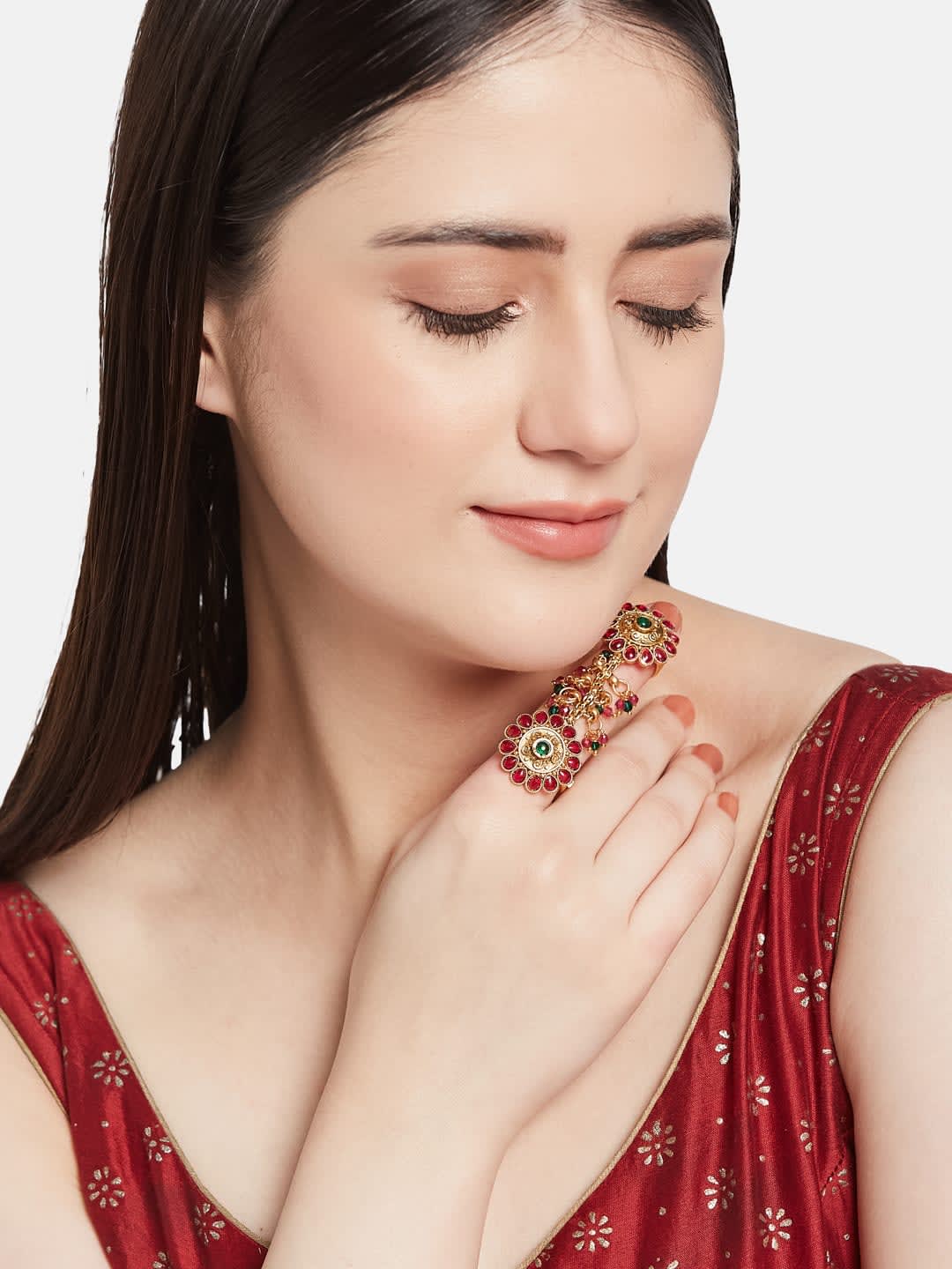 ATIBELLE Gold Plated Artificial Stone Studded And Beaded Floral Shaped Finger Ring