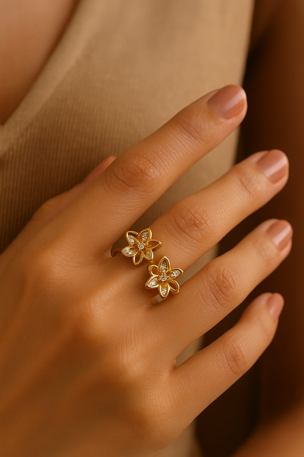 ATIBELLE Women Gold-Plated Cubic Zirconia Adjustable Finger Ring