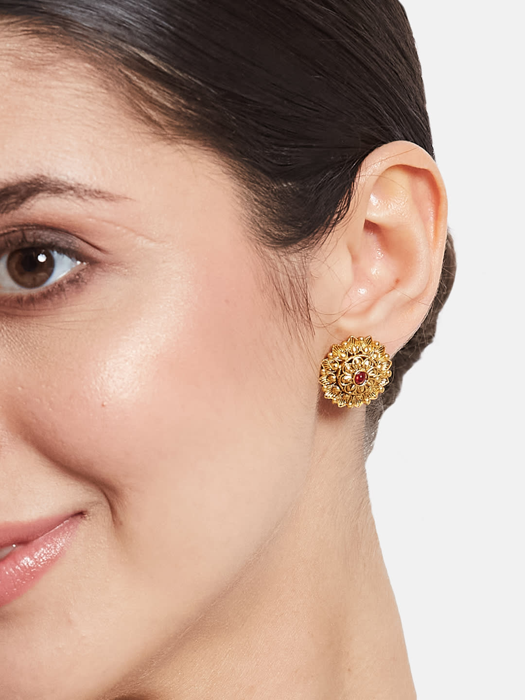 ATIBELLE Gold-Plated Artificial Stones Studded Floral Shaped Studs