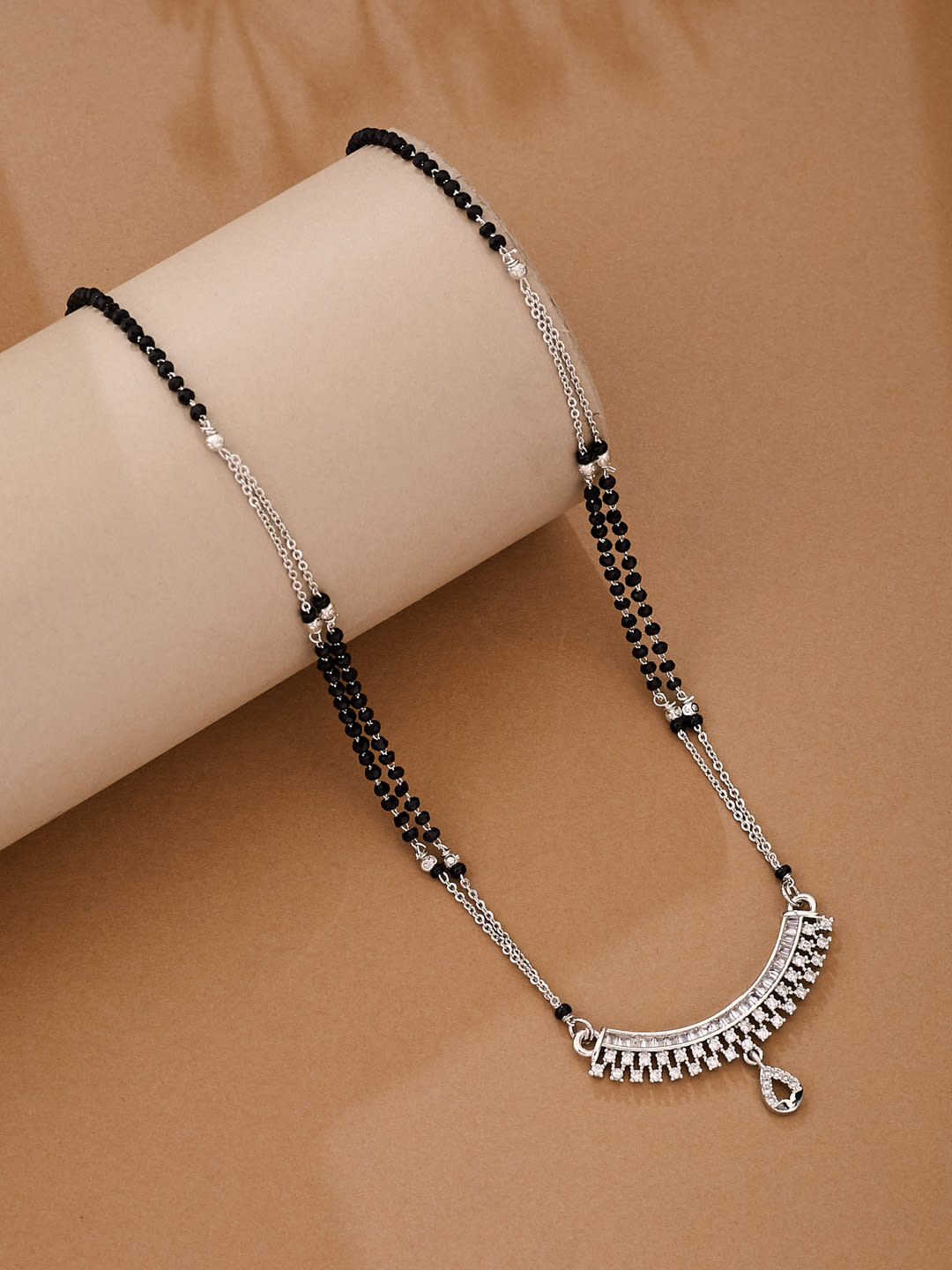 ATIBELLE Silver-Plated Cubic Zirconia Studded And Beaded Mangalsutra