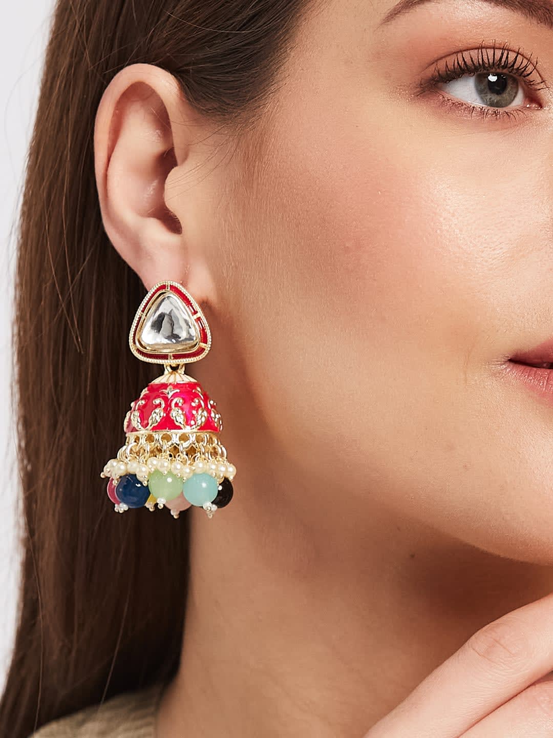 ATIBELLE Gold-Plated Kundan Stone Studded Contemporary Dome Shaped Jhumkas