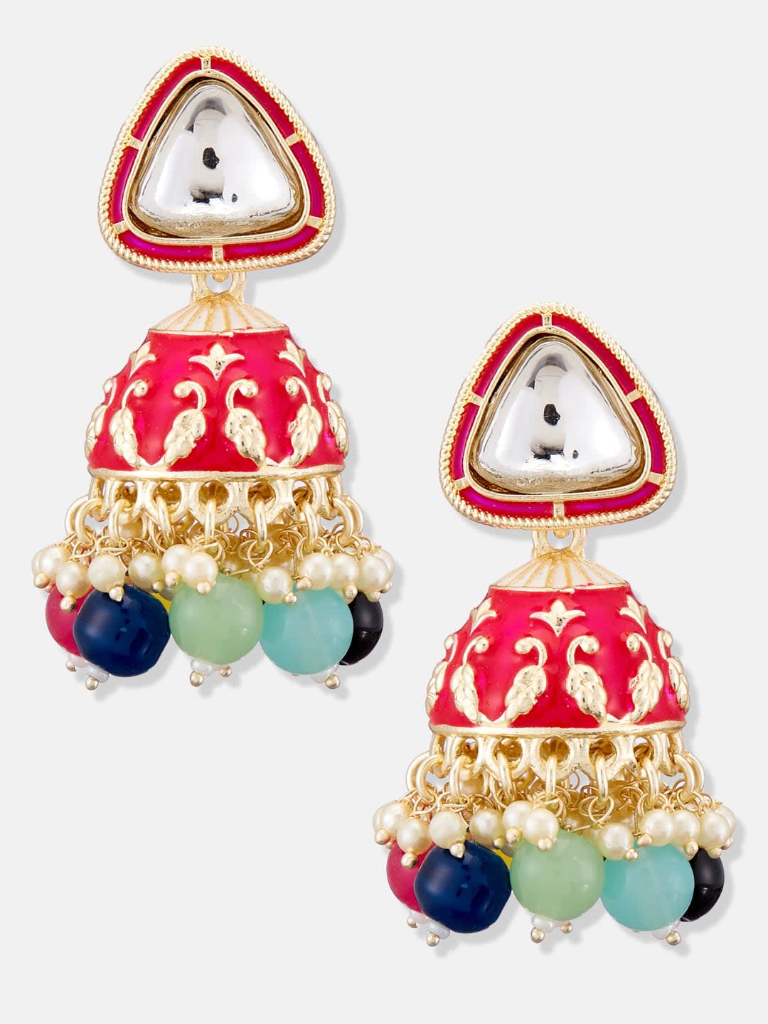 ATIBELLE Gold-Plated Kundan Stone Studded Contemporary Dome Shaped Jhumkas