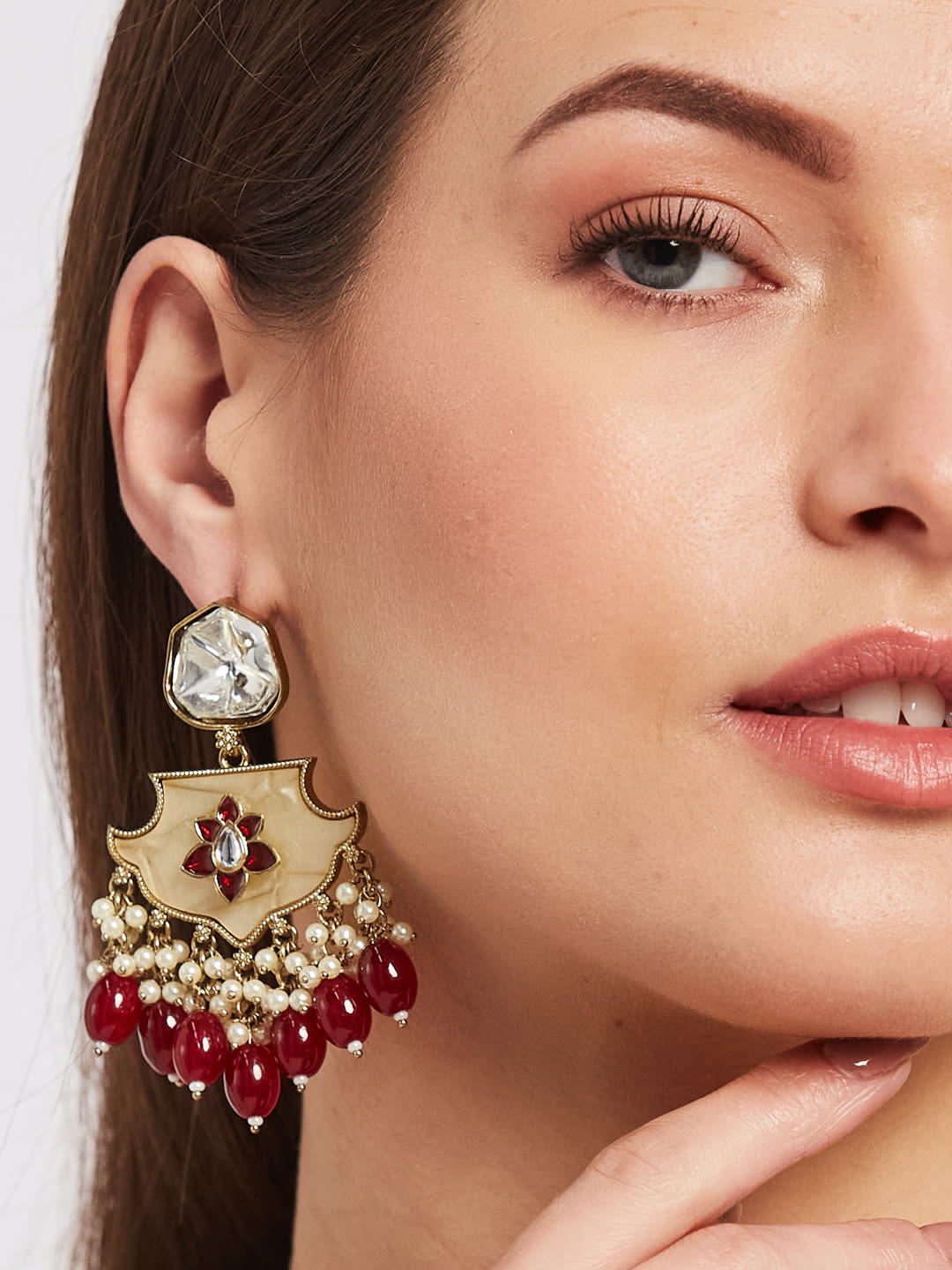 ATIBELLE Gold-Plated Kundan Stone & Beaded Studded Contemporary Drop Earrings