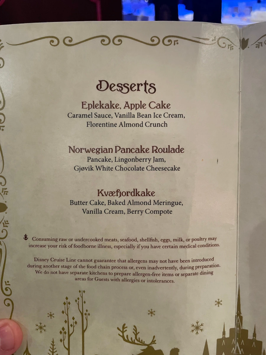 Disney Wish Arendelle Frozen Dining desserts menu.webp