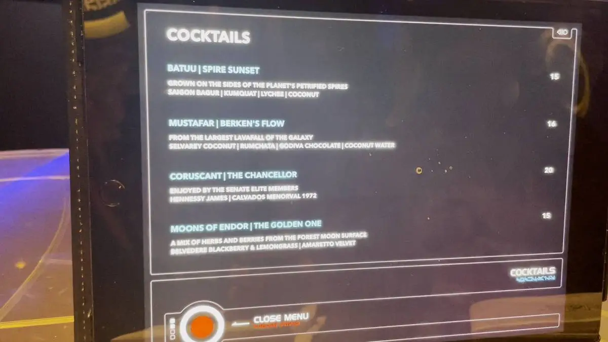 Star Wars Hyperspace Lounge menu.webp