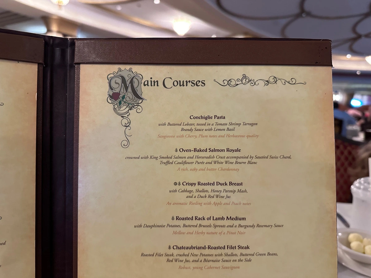 Disney Dream Royal Palace menu entrees.webp