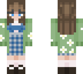 Brown Hair Blue Plaid Dress with Green C...