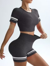 Women Seamless 2 Piece Workout Outfit, Striped Short Sleeve Crop Top & High Waist Butt Lifting Biker Shorts Set, Breathable Stretchy Yoga Gym Fitness Activewear - Image 20