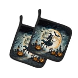 Flying Witch Spooky Halloween Pair of Pot Holders Kitchen Heat Resistant Pot Holders Sets Oven Hot Pads for Cooking Baking BBQ, 7 1/2 x 7 1/2 - Image 1