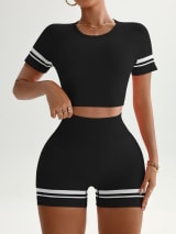 Women Seamless 2 Piece Workout Outfit, Striped Short Sleeve Crop Top & High Waist Butt Lifting Biker Shorts Set, Breathable Stretchy Yoga Gym Fitness Activewear - Image 23