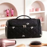 Large Capacity Hanging Travel Makeup Bag, Quilted Cotton Cosmetic Organizer With Multiple Compartments, Portable Toiletry Bag For Hair Dryer, Brushes & Skincare Products For Women - Image 1