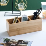 Bamboo Desk Organizer With 3 Compartments, Wooden Pen And Pencil Holder For Remote Controls, Makeup Brushes, Silverware And Office Supplies - Image 5