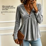 Golden Velvet V-Neck Long Sleeve Shirt Women Autumn European Style Single Button Ruched Loose Fit Doll Top Casual Blouse - Image 3