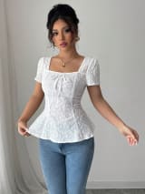 European And American Cross-Border Women's Clothing Summer Fashion Elegant Casual Lace Shirt Square Collar Bow Short-Sleeved Top - Image 2