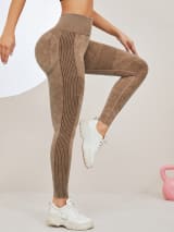 Women Seamless Washed Yoga Leggings High Waist Tummy Control Butt Lifting Ribbed Workout Gym Athletic Pants - Image 3