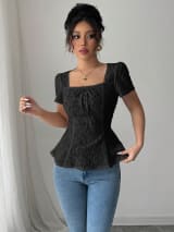 European And American Cross-Border Women's Clothing Summer Fashion Elegant Casual Lace Shirt Square Collar Bow Short-Sleeved Top - Image 5