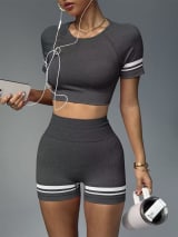 Women Seamless 2 Piece Workout Outfit, Striped Short Sleeve Crop Top & High Waist Butt Lifting Biker Shorts Set, Breathable Stretchy Yoga Gym Fitness Activewear - Image 18