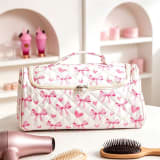 Large Capacity Hanging Travel Makeup Bag, Quilted Cotton Cosmetic Organizer With Multiple Compartments, Portable Toiletry Bag For Hair Dryer, Brushes & Skincare Products For Women - Image 3