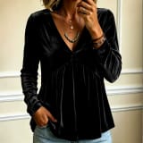 Golden Velvet V-Neck Long Sleeve Shirt Women Autumn European Style Single Button Ruched Loose Fit Doll Top Casual Blouse - Image 1