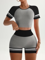 Women Seamless 2 Piece Workout Outfit, Striped Short Sleeve Crop Top & High Waist Butt Lifting Biker Shorts Set, Breathable Stretchy Yoga Gym Fitness Activewear - Image 8