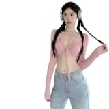 Deep-V Short-length Long-sleeve T-shirt With Tie-up Top For Women - Image 5