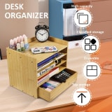 5 Tier Bamboo Desk Organizer With Drawer, Tabletop File And Document Holder With Shelves For Home, Office And School, Natural - Image 3