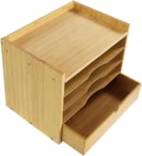 5 Tier Bamboo Desk Organizer With Drawer, Tabletop File And Document Holder With Shelves For Home, Office And School, Natural - Image 1