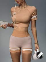 Women Seamless 2 Piece Workout Outfit, Striped Short Sleeve Crop Top & High Waist Butt Lifting Biker Shorts Set, Breathable Stretchy Yoga Gym Fitness Activewear - Image 14