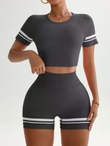 Women Seamless 2 Piece Workout Outfit, Striped Short Sleeve Crop Top & High Waist Butt Lifting Biker Shorts Set, Breathable Stretchy Yoga Gym Fitness Activewear - Image 17