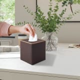 Linen Square Tissue Box Cover, Coffee Cube Tissue Holder With Rosegold Leather Decor And Magnetic Bottom For Home, Office And Car - Image 3