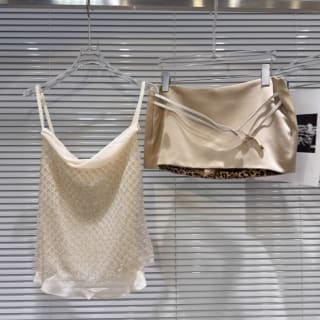 Sequined Mesh Camisole Double-Belt Leopard-Print Lined Skirt Set