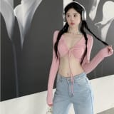 Deep-V Short-length Long-sleeve T-shirt With Tie-up Top For Women - Image 4