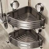 Triangular Space-Saving Suction Cup Bathroom Storage Shelf No Drilling Required Multifunctional Storage Organizer with Hooks - Image 2