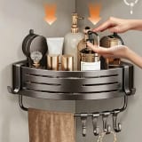 Triangular Space-Saving Suction Cup Bathroom Storage Shelf No Drilling Required Multifunctional Storage Organizer with Hooks - Image 3