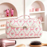 Large Capacity Hanging Travel Makeup Bag, Quilted Cotton Cosmetic Organizer With Multiple Compartments, Portable Toiletry Bag For Hair Dryer, Brushes & Skincare Products For Women - Image 5