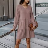 Autumn And Winter Fashion V Neck Solid Color Long Sleeve Dress - Image 4
