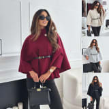 Stand Collar Batwing Sleeves Cloak Top With Belt Ins Fashion Temperament Jacket Woolen Sweater Outwear For Women Clothing - Image 1