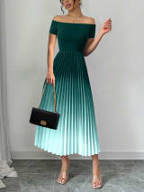 Cross-Border European And American Fashion Women's Elegant Off-The-Shoulder Pleated Gradient Color Slim-Fit Dress - Image 3