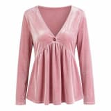 Golden Velvet V-Neck Long Sleeve Shirt Women Autumn European Style Single Button Ruched Loose Fit Doll Top Casual Blouse - Image 2