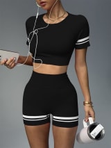 Women Seamless 2 Piece Workout Outfit, Striped Short Sleeve Crop Top & High Waist Butt Lifting Biker Shorts Set, Breathable Stretchy Yoga Gym Fitness Activewear - Image 22