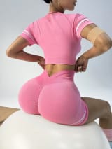 Women Seamless 2 Piece Workout Outfit, Striped Short Sleeve Crop Top & High Waist Butt Lifting Biker Shorts Set, Breathable Stretchy Yoga Gym Fitness Activewear - Image 4