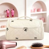 Large Capacity Hanging Travel Makeup Bag, Quilted Cotton Cosmetic Organizer With Multiple Compartments, Portable Toiletry Bag For Hair Dryer, Brushes & Skincare Products For Women - Image 2