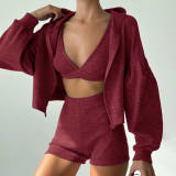 Cross-Border European And American Style Yoga Three-Piece Set With Hooded Cardigan, V-Neck Sports Bra, Shorts, Fitness Running Casual Outfit - Image 9