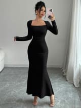 European And American Ladies Fashion Elegant Tight Elastic Sexy Long-Sleeved Fishtail Dress Long Dress - Image 3