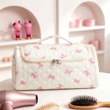 Large Capacity Hanging Travel Makeup Bag, Quilted Cotton Cosmetic Organizer With Multiple Compartments, Portable Toiletry Bag For Hair Dryer, Brushes & Skincare Products For Women - Image 4