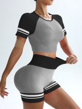 Women Seamless 2 Piece Workout Outfit, Striped Short Sleeve Crop Top & High Waist Butt Lifting Biker Shorts Set, Breathable Stretchy Yoga Gym Fitness Activewear - Image 7